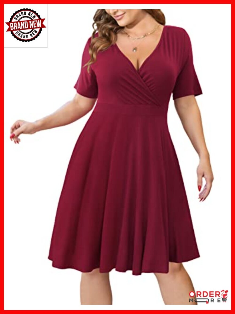 Plus Size Faux Wrap Swing Dress with Pockets Short Sleeve V-Neck